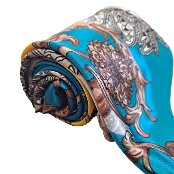 💖 2/$30 Square Satin oversized boho Floral blue paisley Old Money hair Scarf - Picture 11 of 16